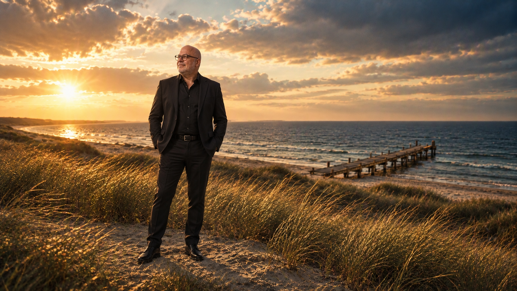 Ein älterer Mann mit Brille und schwarzem Anzug steht ruhig zwischen den Dünen und blickt über den Holzsteg hinweg zum Meer und in den dramatischen Sonnenuntergang. Wind bewegt dezent sein Jackett und das Strandgras, während die Wolken langsam über den warm leuchtenden Horizont ziehen. Die Kamera fährt behutsam seitlich zurück und öffnet den Blick auf die weite Küstenlandschaft.