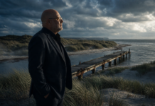 Vorpommern, bring mich heim Ein kahlköpfiger Mann mit Brille und dunklem Anzug steht im Seitenprofil auf den Dünen und blickt nachdenklich über den hölzernen Steg zum Meer. Dramatische Wolken überspannen den Horizont, während gedämpftes Abendlicht die Küstenlandschaft konturiert und Wind sanft über Anzug und Dünengras streicht. Die Kamera fährt langsam seitlich an ihm vorbei und öffnet dabei behutsam den Blick auf die Weite von Meer und Himmel.