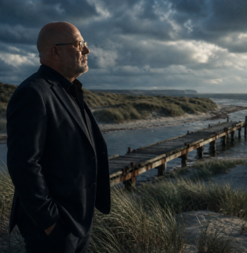 Vorpommern, bring mich heim Ein kahlköpfiger Mann mit Brille und dunklem Anzug steht im Seitenprofil auf den Dünen und blickt nachdenklich über den hölzernen Steg zum Meer. Dramatische Wolken überspannen den Horizont, während gedämpftes Abendlicht die Küstenlandschaft konturiert und Wind sanft über Anzug und Dünengras streicht. Die Kamera fährt langsam seitlich an ihm vorbei und öffnet dabei behutsam den Blick auf die Weite von Meer und Himmel.