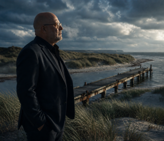 Vorpommern, bring mich heim Ein kahlköpfiger Mann mit Brille und dunklem Anzug steht im Seitenprofil auf den Dünen und blickt nachdenklich über den hölzernen Steg zum Meer. Dramatische Wolken überspannen den Horizont, während gedämpftes Abendlicht die Küstenlandschaft konturiert und Wind sanft über Anzug und Dünengras streicht. Die Kamera fährt langsam seitlich an ihm vorbei und öffnet dabei behutsam den Blick auf die Weite von Meer und Himmel.