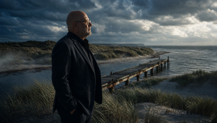 Ein kahlköpfiger Mann mit Brille und dunklem Anzug steht im Seitenprofil auf den Dünen und blickt nachdenklich über den hölzernen Steg zum Meer. Dramatische Wolken überspannen den Horizont, während gedämpftes Abendlicht die Küstenlandschaft konturiert und Wind sanft über Anzug und Dünengras streicht. Die Kamera fährt langsam seitlich an ihm vorbei und öffnet dabei behutsam den Blick auf die Weite von Meer und Himmel.