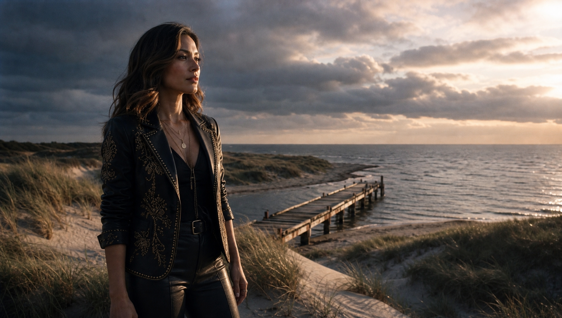 Eine Frau in schwarzer, bestickter Lederjacke steht nachdenklich zwischen den Dünen vor einem Holzsteg, der den Blick zum Meer und zum weiten Horizont führt. Warmes Abendlicht bricht durch dunkle Wolken und legt sanfte goldene Akzente auf ihr Gesicht, die Jacke und das Strandgras. Eine leichte Küstenbrise bewegt ihr Haar, den Jackensaum und die Gräser zurückhaltend, während die Kamera langsam auf sie zufährt.