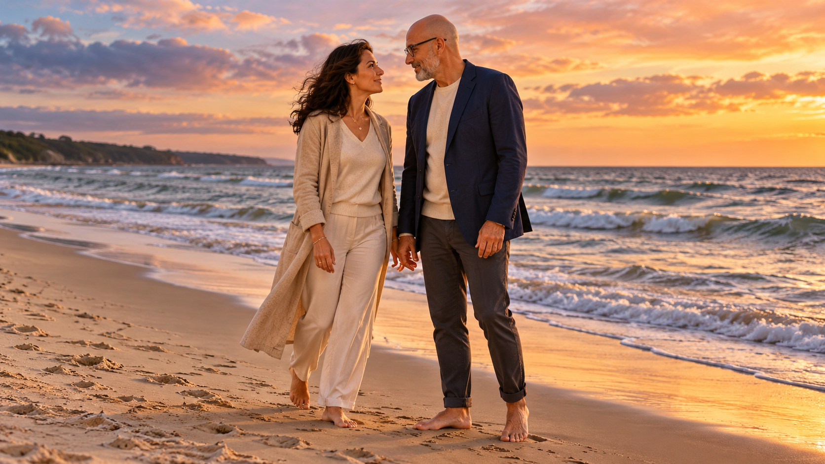 Das elegant gekleidete Paar geht barfuß und Hand in Hand am feuchten Meeresufer entlang und blickt sich dabei liebevoll an. Kleine Wellen laufen sanft über den Sand, während Kleidung und Haare leicht in der Abendbrise wehen. Das warme Gegenlicht des leuchtenden Sonnenuntergangs zeichnet weiche Konturen und spiegelt sich auf dem Wasser; die Kamera begleitet beide ruhig in einer langsamen seitlichen Fahrt.