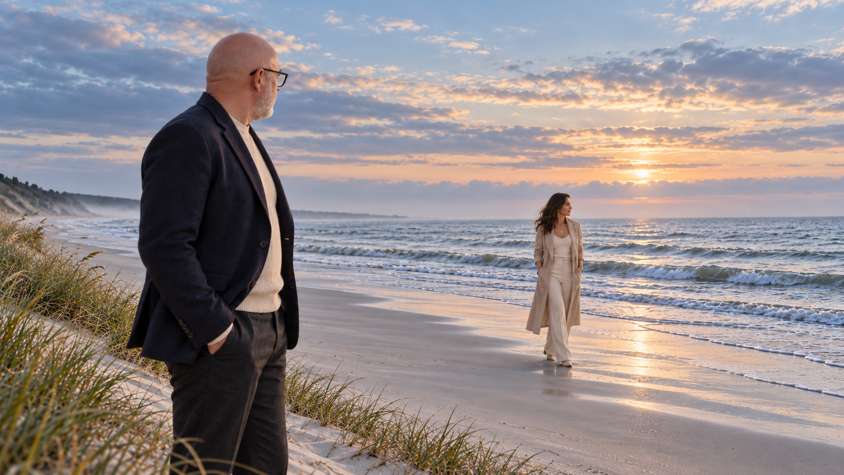 Am Rand der Dünen steht ein älterer Mann mit Brille und blickt über den weitläufigen Strand zu einer Frau, die langsam am Meer entlanggeht. Warmes Abendlicht liegt auf der Küste, während der bewölkte Himmel und die offene Wasserfläche der Szene eine ruhige, weite Tiefe verleihen. Ein leichter Wind bewegt Kleidung und Haare dezent, kleine Wellen gleiten gleichmäßig ans Ufer; die Kamera fährt langsam vom Mann in Richtung der entfernten Frau.